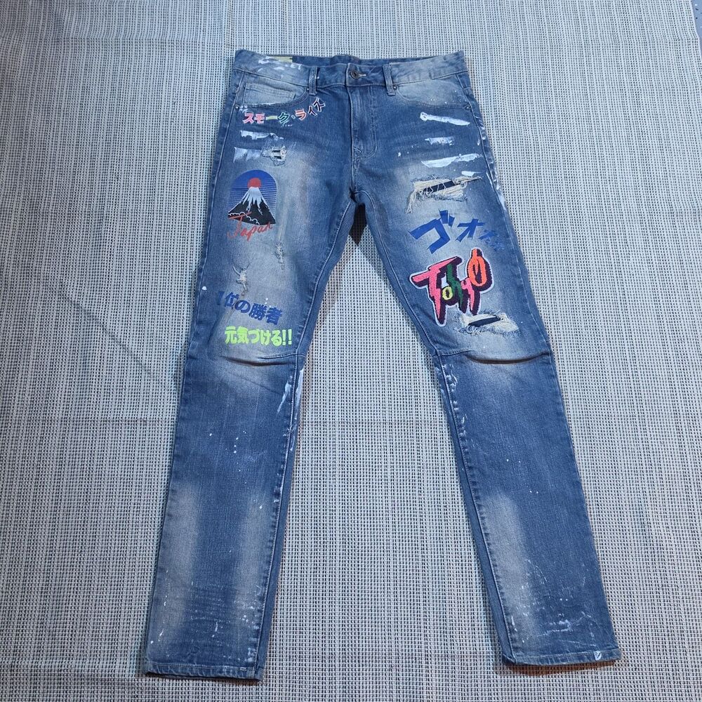 Smoke Rise Men's Denim Distressed Graffiti Tokyo Blue Jeans Stretch SZ 34x34